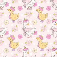 Vintage Cottagecore Duck and Goose Seamless Pattern with Flowers