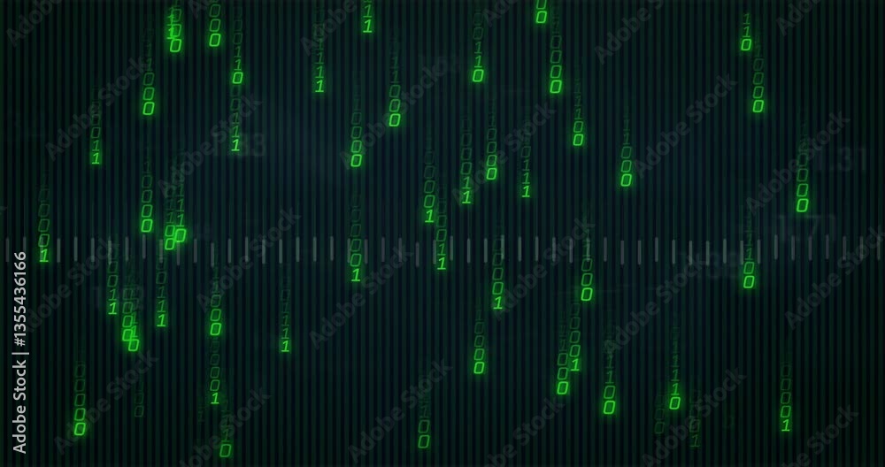 Poster falling green binary code creating digital rain animation over dark background