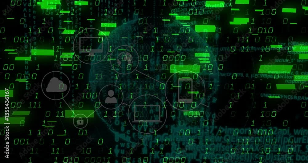 Poster overlaying globe, animation of digital data and binary code with technology icons