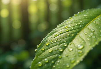 Water droplets on green leaf, sparkling in the sunlight. The background features a vibrant forest, showcasing the beauty of nature after rainfall