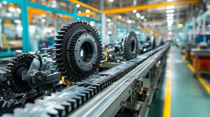 Fototapeta premium Factory assembly line with gears and parts moving on a conveyor belt.
