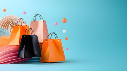 Pastel Shopping Bags on Blue Background with Abstract Shapes