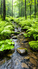 Forest Stream Through Lush Plants