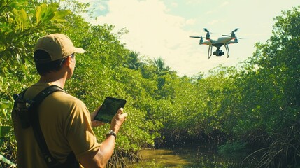 Drone pilot monitoring mangrove forest using advanced aerial surveillance technology
