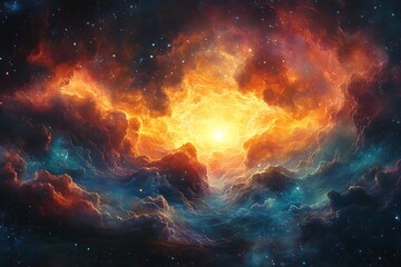 Glowing Orange Nebula Surrounded by Colorful Gas Clouds and Stars

