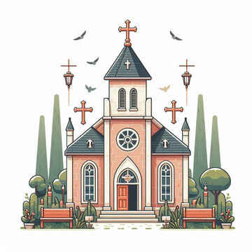 A charming illustration of a quaint church with a steeple, surrounded by trees, benches, and decorative lamps, under a sky with birds.