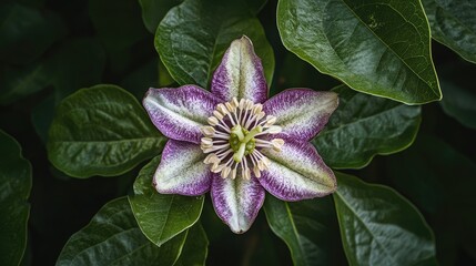 A freshly opened passionfruit flower with its intricate purple and white petals radiating out