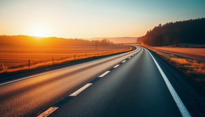 Fototapeta premium Road to Horizon at Sunset Through Fields Towards Hills