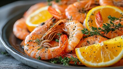 Close-up of cooked shrimps with lemon and thyme.