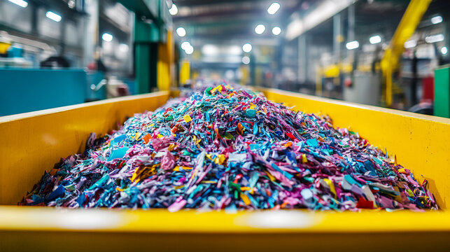 Pile of multicolored shredded paper in yellow container, industrial setting, showcasing recycling and repurposing concepts