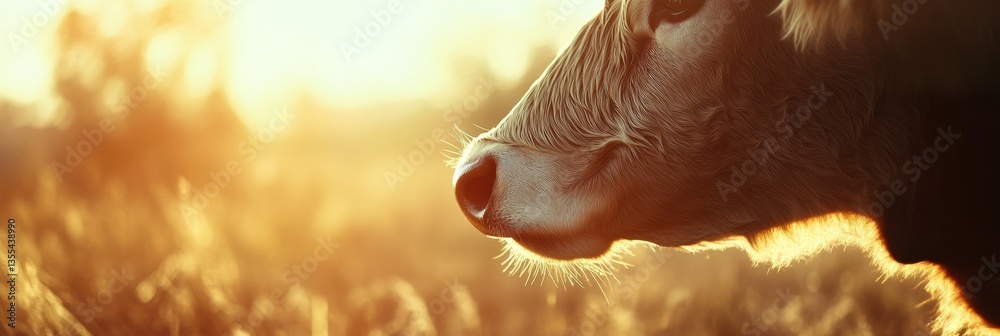 Poster close-up of a cows face with soft fur and warm sunlight highlighting its features in a serene rural 