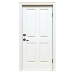 White six-panel interior door with modern handle situated on a transparent background showcasing its design and structure