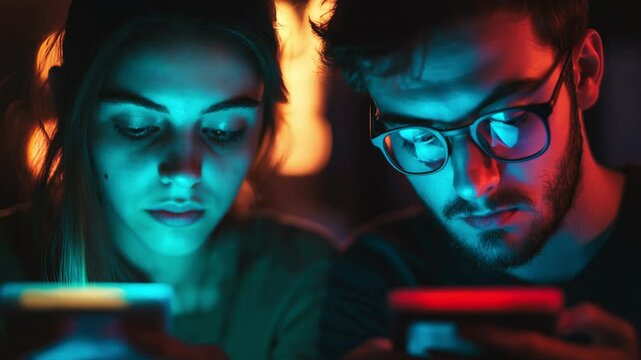 Couple gazing at smartphones in low-light environment, slow zoom reveals facial glow and digital intimacy surrounded by soft bokeh