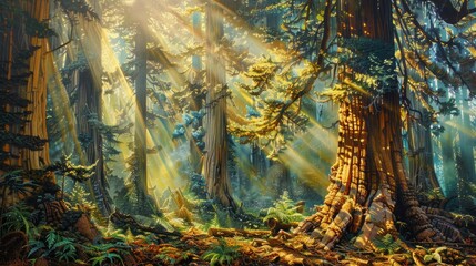 Obraz premium Towering ancient redwood trees stretching towards the sky, with sunlight filtering through the dense canopy 