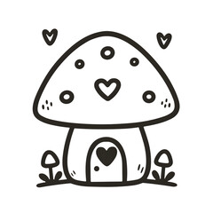 Sweet Mushroom House with Hearts, Adorable Black and White Illustration, Enchant Enchanted Forest Home