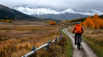 Person Mountain Biking on Dirt Road in Autumn Landscape