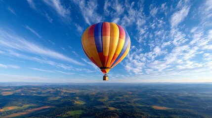 Fototapeta premium Hot Air Balloon Soaring Over Scenic Landscape Under a Vast Blue Sky