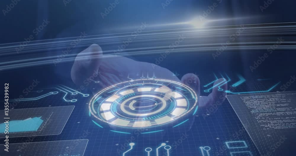 Poster hand interacting with digital animation showing graphs and circuit patterns in school
