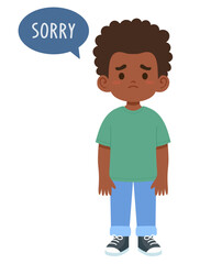 Cute sad boy asking for forgiveness saying SORRY. Sympathy and expression, feelings. Emotions and facial expressions, gestures. Vector illustration isolated on white background