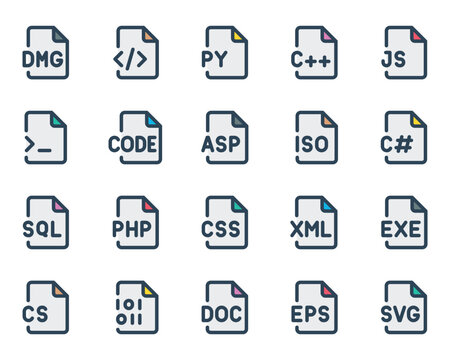 Filled outline icons set for Programming files