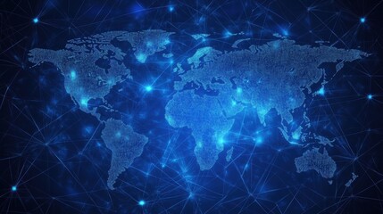 Global Network Connected World Map on Blue Background.