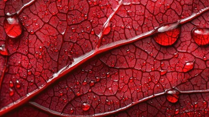 Fototapeta premium A sharp close-up of a red maple leaf with dewdrops settled gently on its intricate veins glowing against the plain background