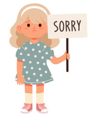 Cute sad girl asking for forgiveness and holding a sign SORRY. Sympathy and expression, feelings. Emotions and facial expressions, gestures. Vector illustration isolated on white background