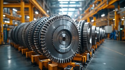 Fototapeta premium Industrial factory interior showing rows of large metal gears on carts.