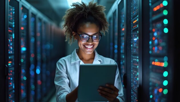 Joyful African American female computer technician works in server room. Woman wearing glasses uses tablet, smiles. Data center, digital information, modern tech, cyberspace, communication network.