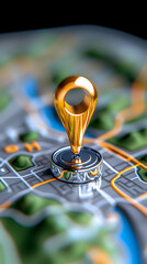 Golden GPS pin on city map; location tracking