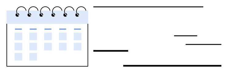 Spiral-bound calendar with highlighted days alongside black horizontal lines suggesting timelines, scheduling, and task flows. Ideal for organization, deadlines, planning, productivity, workflow