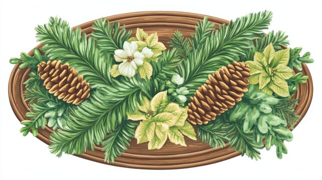 watercolor pine cones and flowers on wooden tray clip art preview