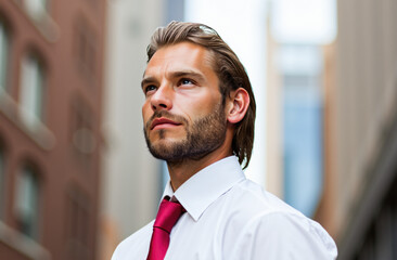 Obraz premium Businessman looking up at skyscrapers in downtown Manhattan