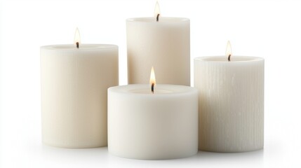 A serene arrangement of white candles with gentle flames, creating a calm and inviting atmosphere.