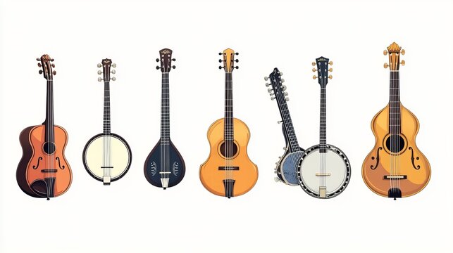 Vector illustration of string musical instruments, including a lute, violin, bandura, acoustic guitar, electric bass guitar, and American banjo.