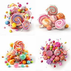 Collage of colorful candies, lollipops, and sweets in various shapes and sizes, isolated on a white background.