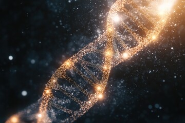 Golden dna strand forming with particles on black background