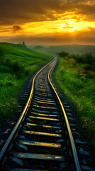 Fototapeta premium Serene Railway Track at Dawn Amidst Lush Greenery Inspiring Tranquility and Endless Journeys