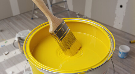 Paintbrush Dipping Yellow Paint in Bucket During Renovation  