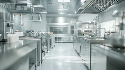 Modern, stainless steel commercial kitchen interior.  Clean, bright, and spacious design.  Equipment includes ovens, sinks, counters, and storage.