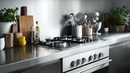 Modern stainless steel kitchen countertop with gas stove, utensils, and herbs.