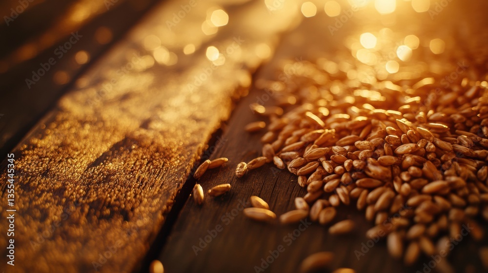 Poster Golden wheat grains resting on a rustic wooden table with warm reflections in soft lighting for a premium food concept