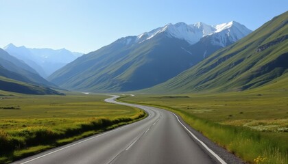 Winding Road Through Green Valley and Majestic Snowy Mountains Under Blue Sky
