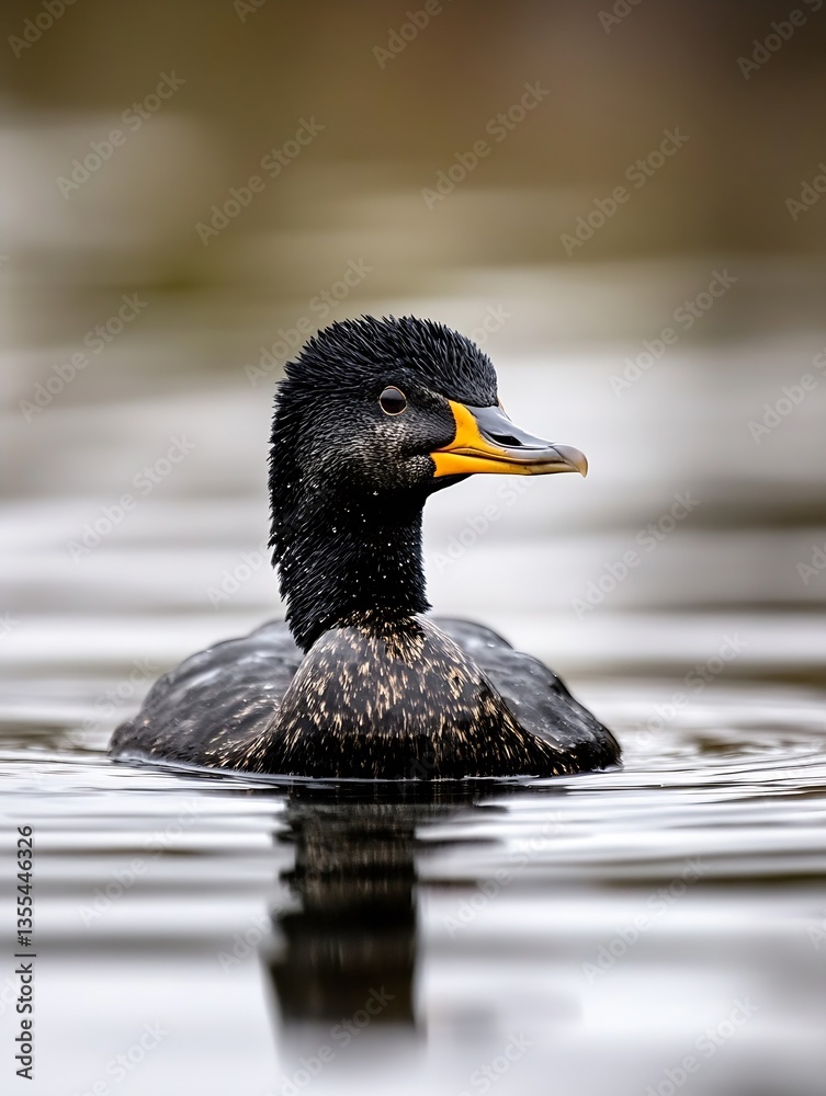 Poster elegant black duck floating on calm waters showcasing its peaceful demeanor and striking features : 