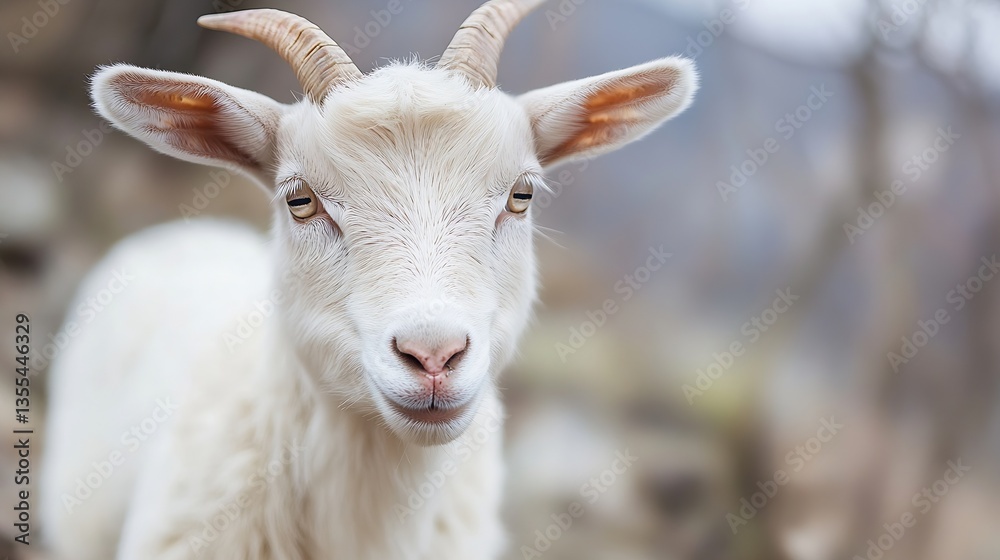 Poster portrait of a gentle white goat gazing calmly towards the camera in a natural environment : generati