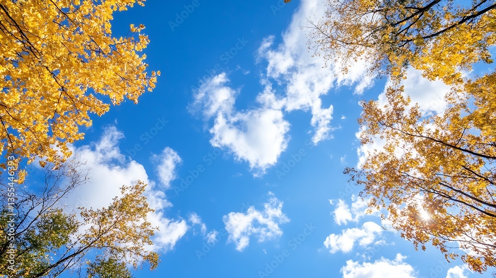 Poster beautiful autumn sky framed by colorful trees and white fluffy clouds creating a serene atmosphere :