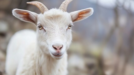 Obraz premium Portrait of a gentle white goat gazing calmly towards the camera in a natural environment : Generative AI
