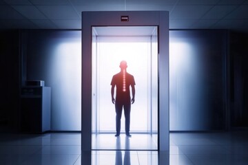 Obraz premium Silhouetted male in illuminated elevator doorway