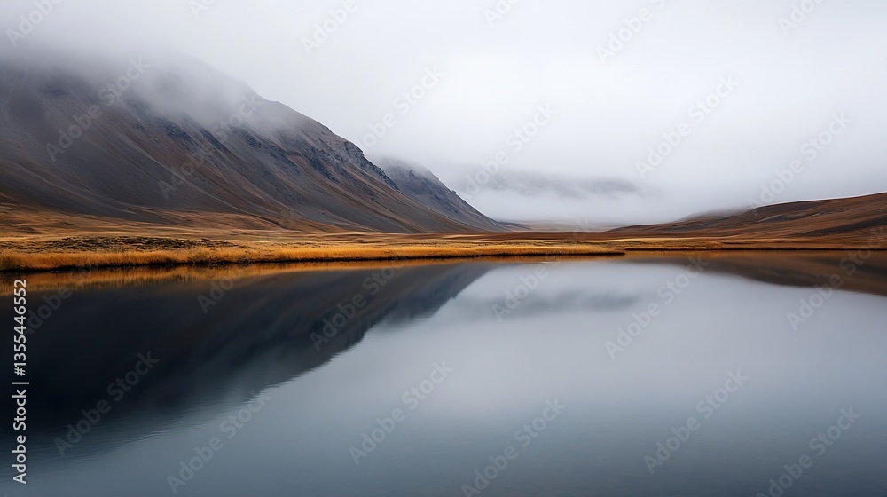 Aufkleber serene landscape reflection in calm water surrounded by mysterious mountains and fog : generative ai