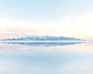 Serene snowcapped mountains reflected in calm lake.